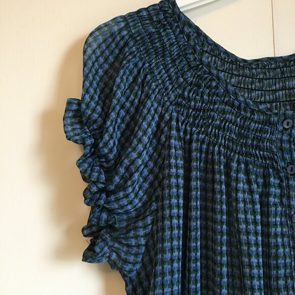 Checkered Chiffon Ruched Puff Sleeve Milkmaid Blouse - Picture 4 of 12